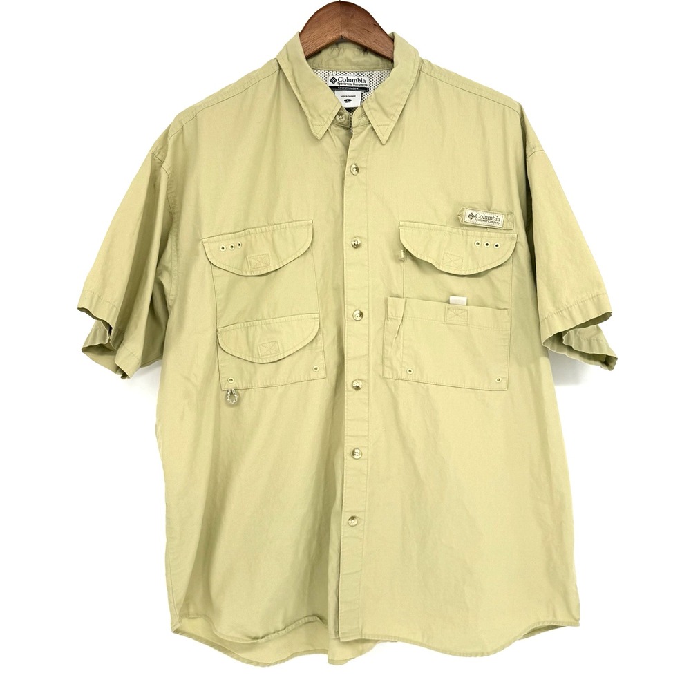 Columbia PFG Mens LARGE Outdoor Vented Fishing Shirt Light Green Short Sleeve